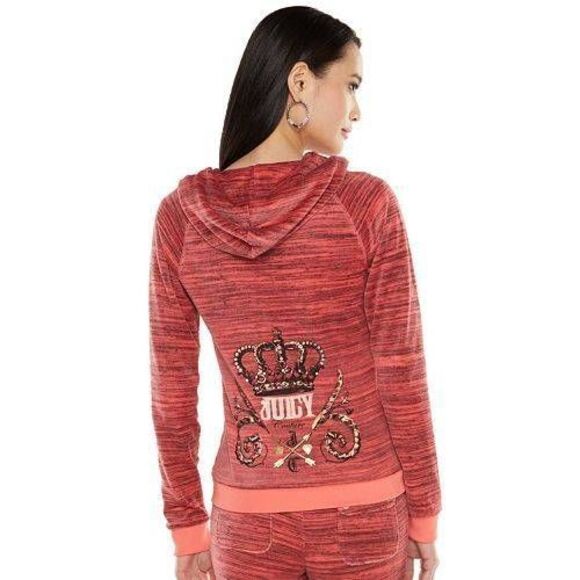 JUICY COUTURE Y2K Coral Gray Velour Bling Graphic Full Zip Hoodie Jacket - Picture 1 of 7
